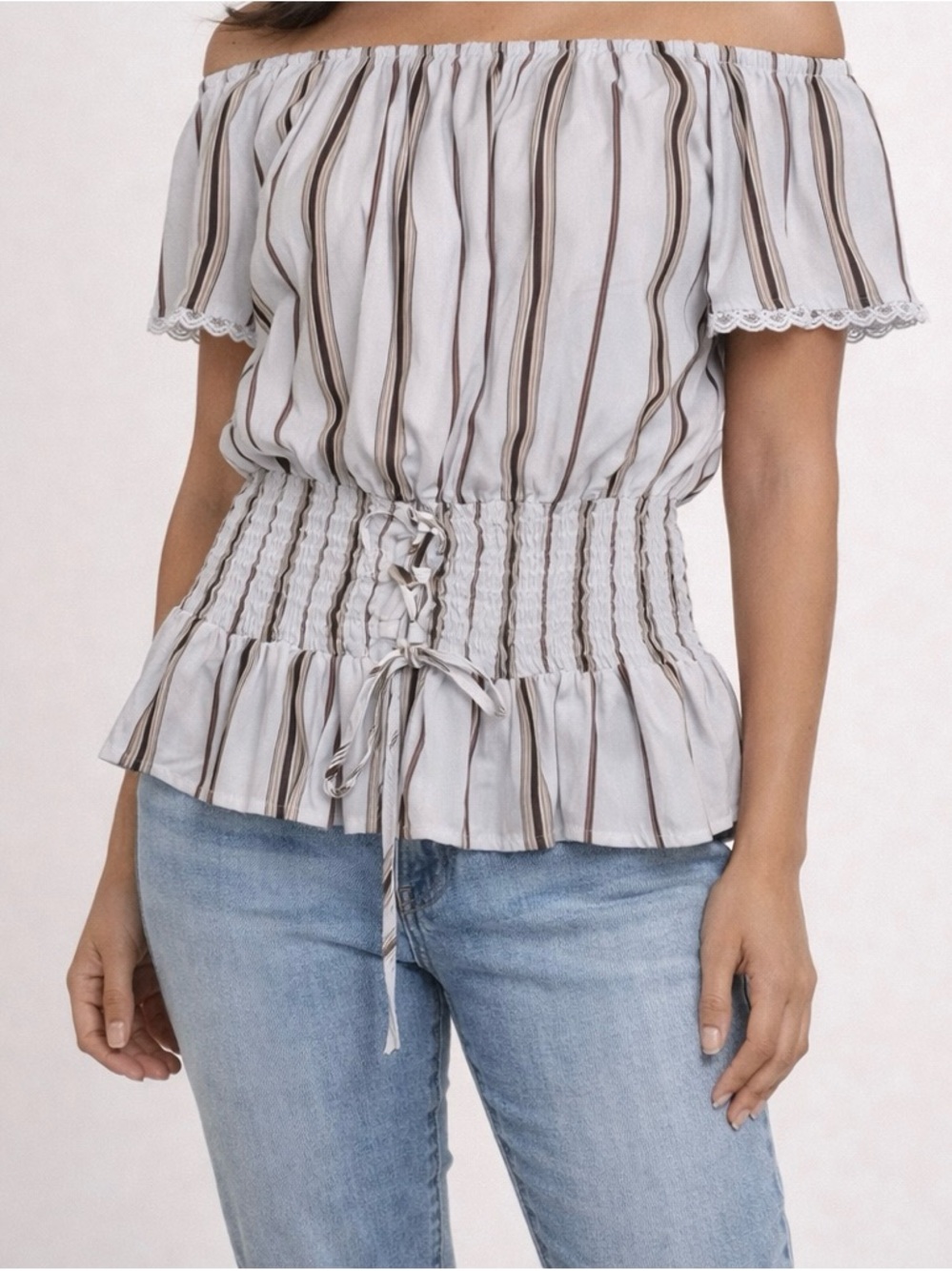 Michel Striped Off-Shoulder Cinched Blouse Size M